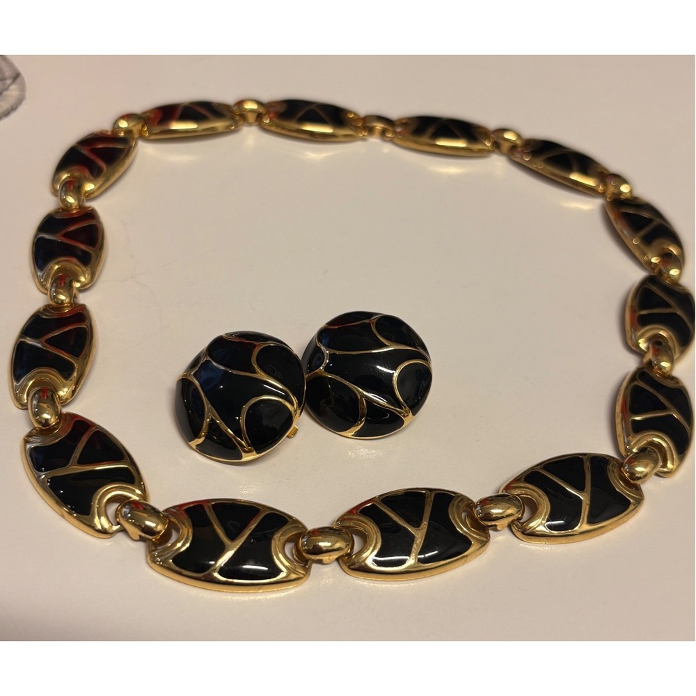 VINTAGE Gold Black Enamel Necklace & Clip Earrings Set Statement Jewelry